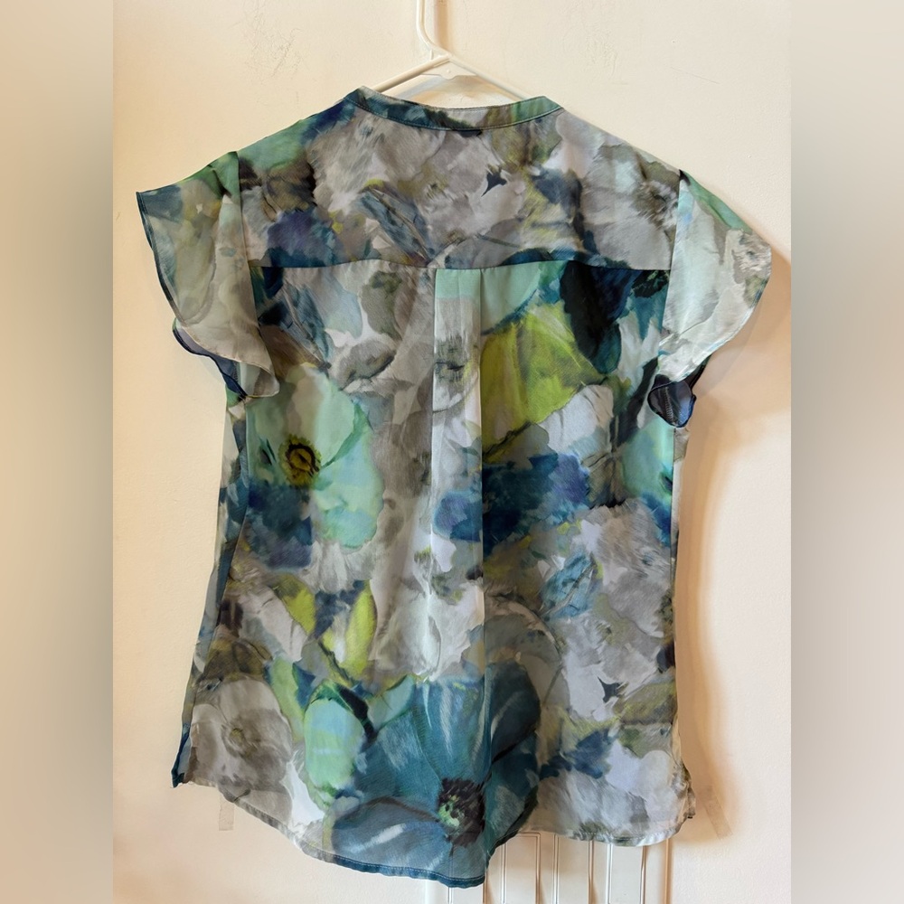 Liz Claiborne Sheer Floral Blue Green Ruffle Blouse Size Small - Picture 7 of 7